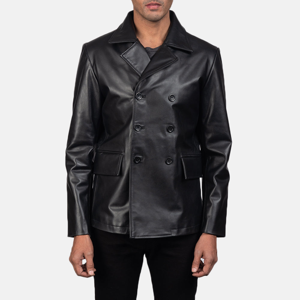 
Mr. Bailey أسود Leather Naval Peacoat رجالي in Black Cowhide Leather - عرض أمامي وقَصّة مفصلة أنيقة | شراء أونلاين عبر المتجر الرسمي