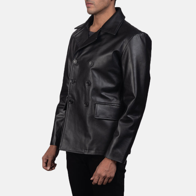 Mr. Bailey أسود Leather Naval Peacoat رجالي