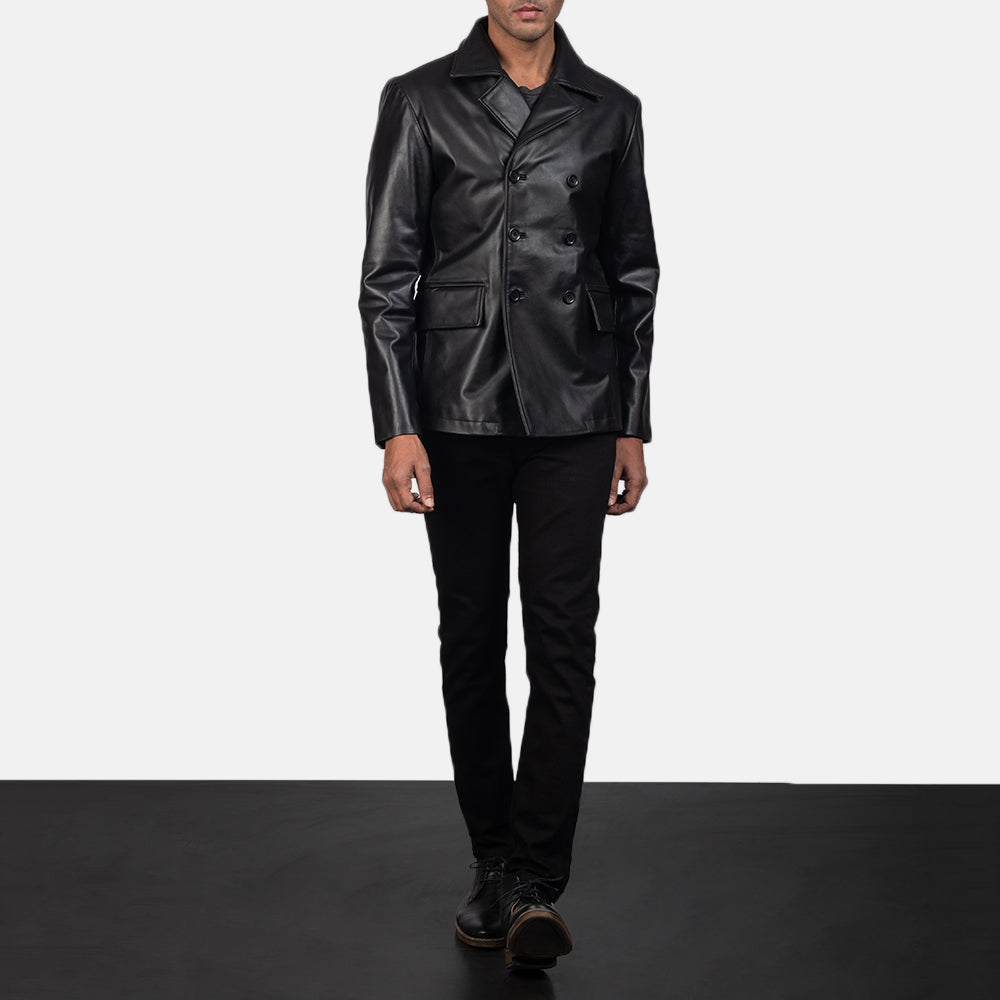 
Mr. Bailey أسود Leather Naval Peacoat رجالي - عرض جانبي يوضح قَصّة الأكمام المريحة