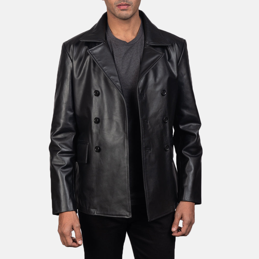 
تفاصيل مقربة of Notch & Buttons Hardware on Mr. Bailey أسود Leather Naval Peacoat رجالي