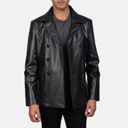 
تفاصيل مقربة of Notch & Buttons Hardware on Mr. Bailey أسود Leather Naval Peacoat رجالي