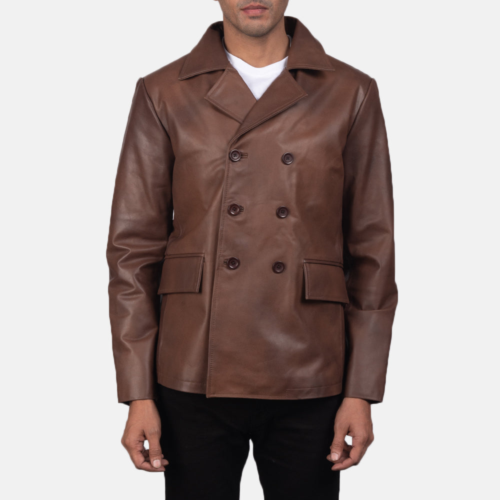 Mr. Bailey بني Leather Naval Peacoat رجالي in Brown Cowhide Leather - Front Profile View &amp; Tailored Silhouette | Buy Online