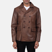 Mr. Bailey بني Leather Naval Peacoat رجالي in Brown Cowhide Leather - Front Profile View &amp; Tailored Silhouette | Buy Online