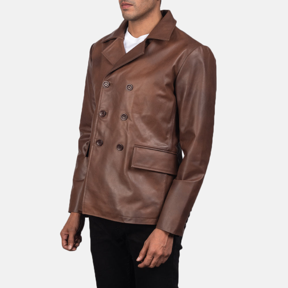Brown Cowhide leather Blazer - Back View Showing Tailored Shoulder Fit &amp; Clean Hemline