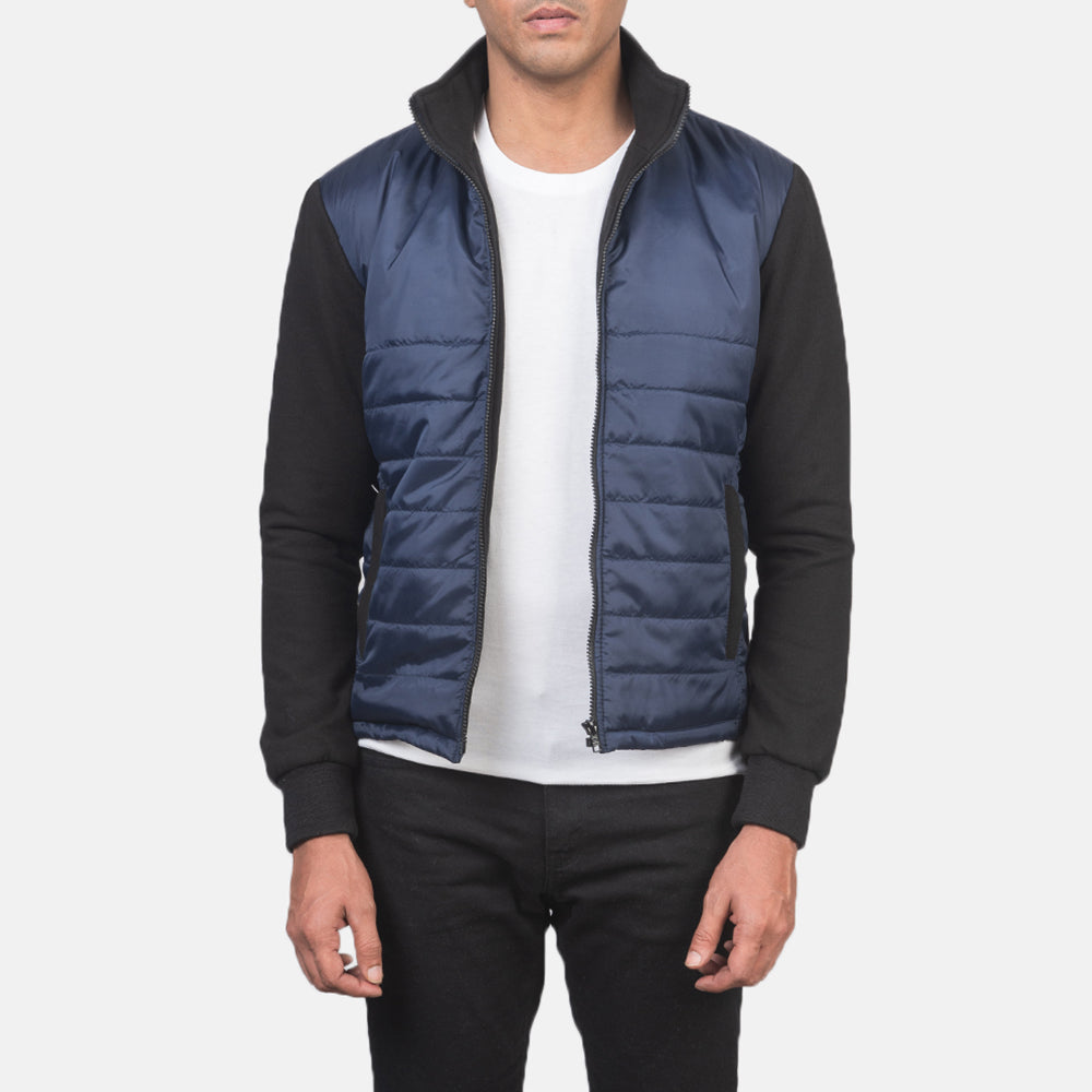 Men's Nashville مبطن أزرق Windbreaker جاكيت جلد رجالي in Blue &amp; Black Nylon (Torso) &amp;Amp; Knitted Fabric (Sleeves) - Front Profile View &amp; Tailored Silhouette | Buy Online