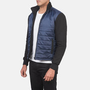 Blue &amp; Black Nylon (Torso) &amp;Amp; Knitted Fabric (Sleeves) Winter Jacket - Back View Showing Tailored Shoulder Fit &amp; Clean Hemline