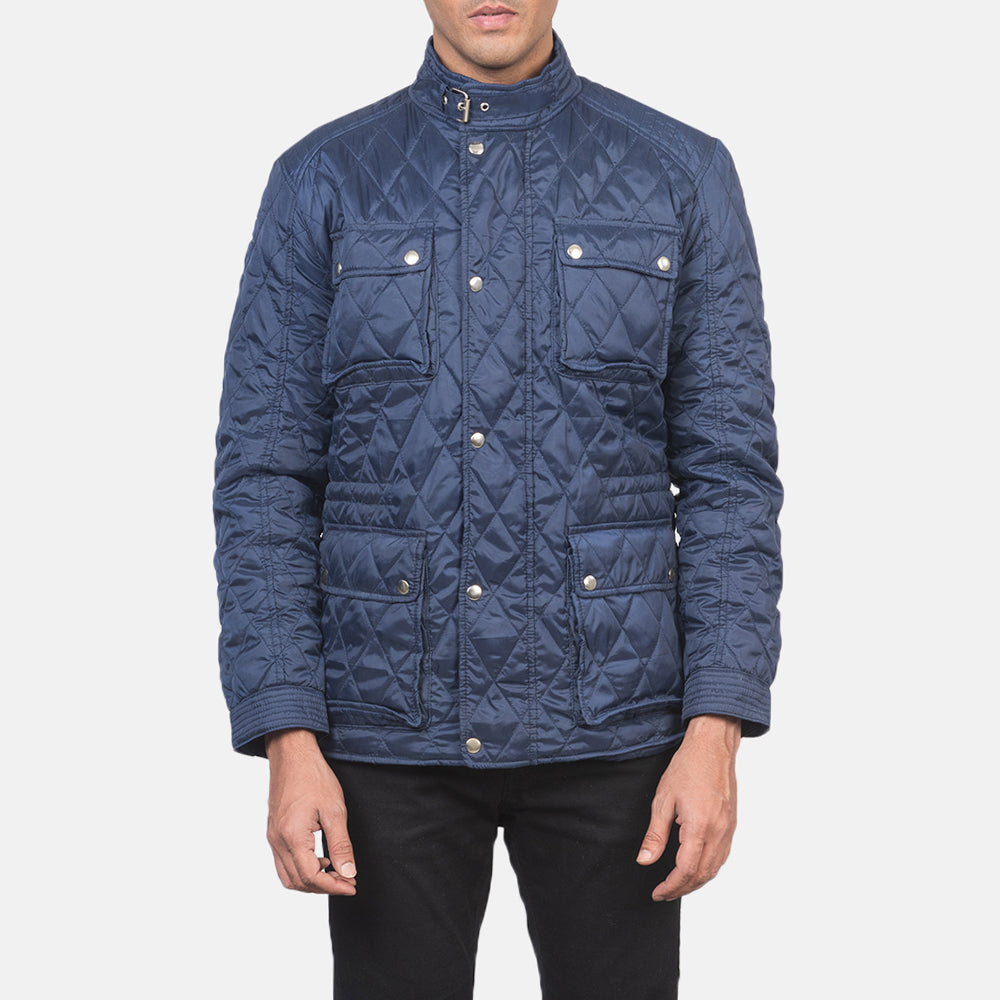 Men's Nelson مبطن أزرق Windbreaker جاكيت جلد رجالي - Lateral Side Profile View Showing Sleeve Cut &amp; Athletic Taper Fit