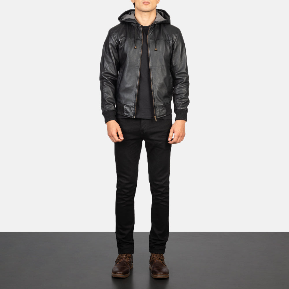 Men's Nintenzo Black Hooded Leather Jacket - Lateral Side Profile View Showing Sleeve Cut &amp; Athletic Taper Fit