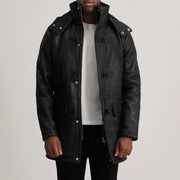 Nolan Black Snuffed Leather Duffle Coat in Distressed Black Sheepskin Snuffed - Front Profile View &amp; Tailored Silhouette | Buy Online