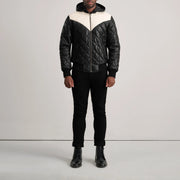 Norman Tan Hooded Bomber Leather Puffer Jacket - Lateral Side Profile View Showing Sleeve Cut &amp; Athletic Taper Fit