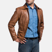 Old School بني جاكيت جلد رجالي - Lateral Side Profile View Showing Sleeve Cut &amp; Athletic Taper Fit