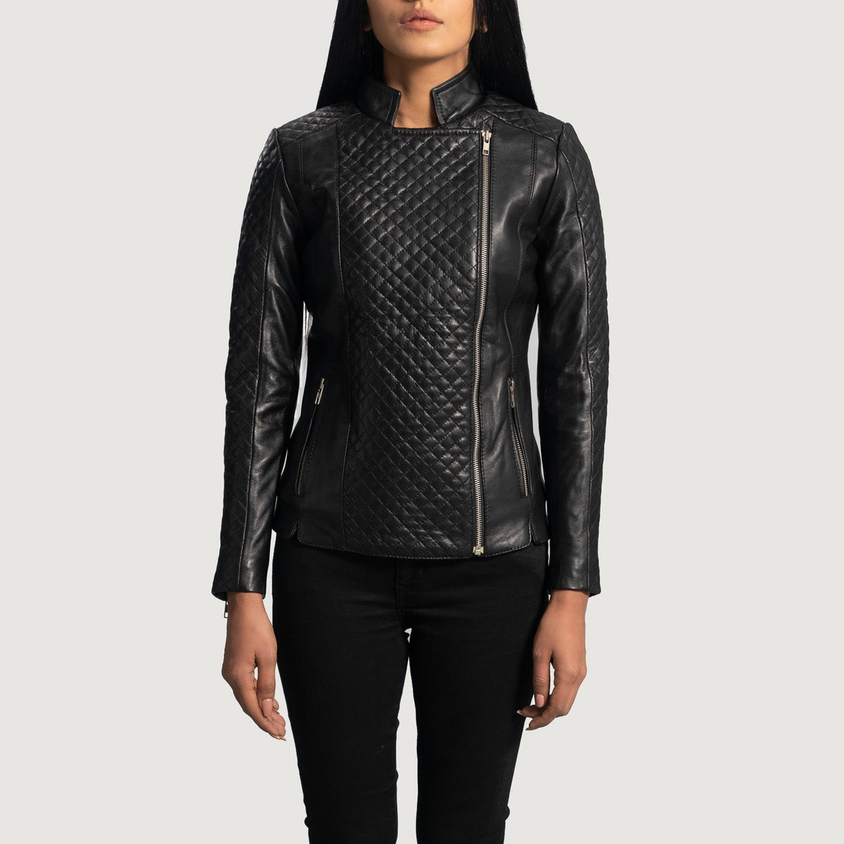 Women's Orient Grain مبطن أسود جاكيت بايكر جلد نسائي in Black Sheepskin Leather - Front Profile View &amp; Tailored Silhouette | Buy Online
