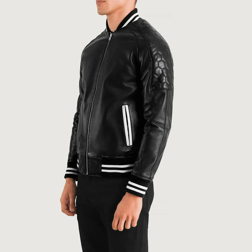Pascal أسود Leather Varsity جاكيت جلد رجالي