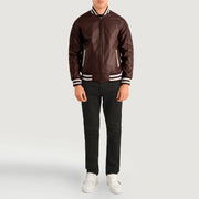 Pascal عنابي Leather Varsity جاكيت جلد رجالي - Lateral Side Profile View Showing Sleeve Cut &amp; Athletic Taper Fit