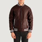 Close-Up Detail of Varsity collar &amp; Zipper Hardware on Pascal عنابي Leather Varsity جاكيت جلد رجالي