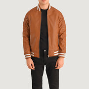 Pascal بيج بني Leather Varsity جاكيت جلد رجالي in Tan Brown Sheepskin Leather - Front Profile View &amp; Tailored Silhouette | Buy Online