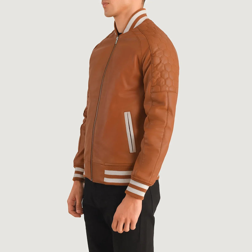Pascal بيج بني Leather Varsity جاكيت جلد رجالي