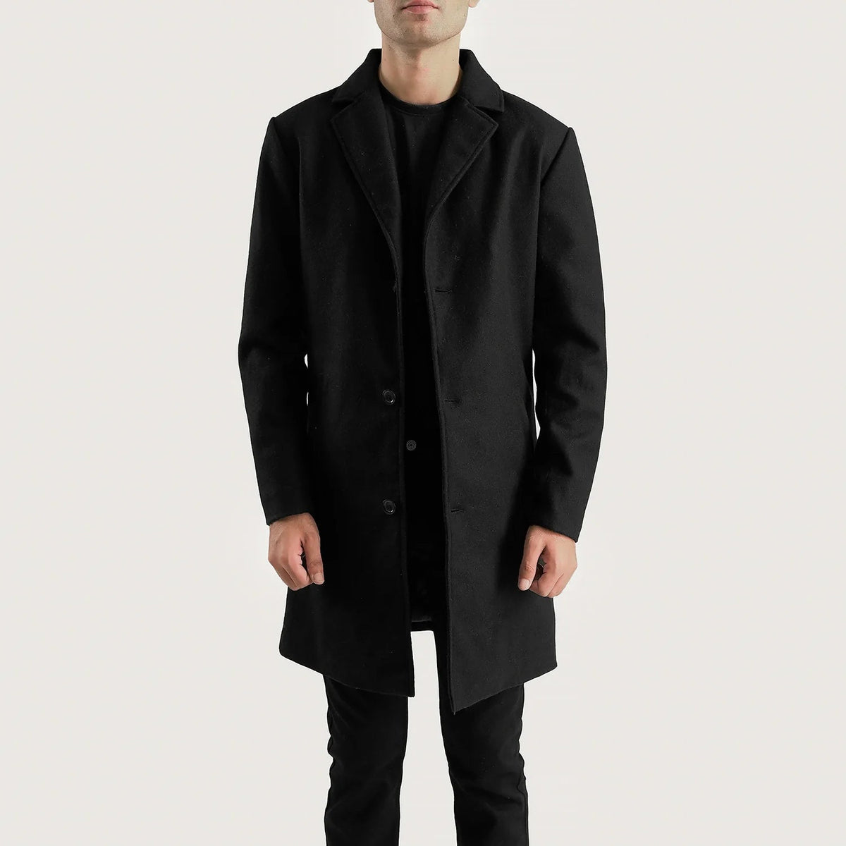 Petrillo أسود Wool Single Breasted معطف جلد رجالي in Black Synthetic Wool - Front Profile View &amp; Tailored Silhouette | Buy Online