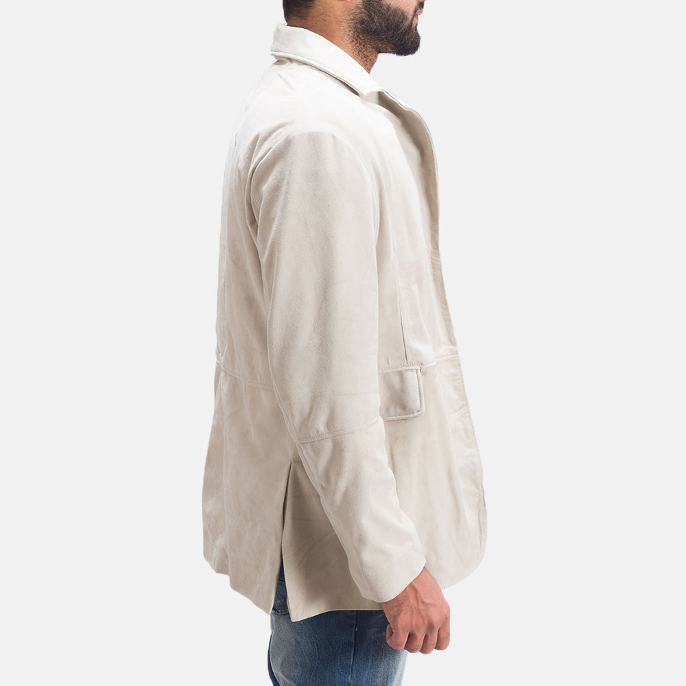 Close-Up Detail of Notch &amp; Button Hardware on Men's Professor By Day Suede بليزر جلد رجالي