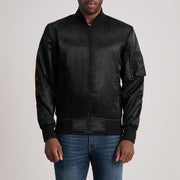 Quinton MA-1 أسود جاكيت بومبر جلد رجالي in Black Satin - Front Profile View &amp; Tailored Silhouette | Buy Online
