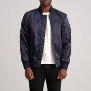 Quinton MA-1 أزرق جاكيت بومبر جلد رجالي - Lateral Side Profile View Showing Sleeve Cut &amp; Athletic Taper Fit