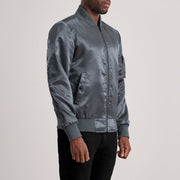 
Grey Satin Bomber Jacket - عرض خلفي يوضح تفصيل الأكتاف المتقن والحاشية النظيفة