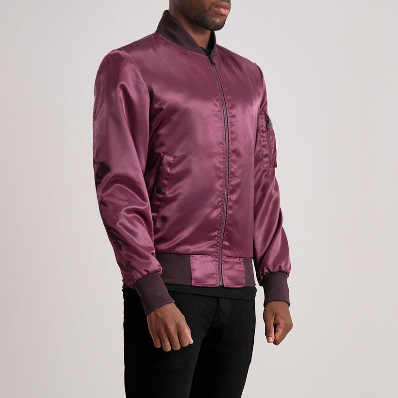 Maroon Satin Bomber Jacket - Back View Showing Tailored Shoulder Fit & Clean Hemline