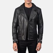 Men's Raiden Black Leather Biker Jacket in Black Cowhide Leather - Front Profile View &amp; Tailored Silhouette | Buy Online