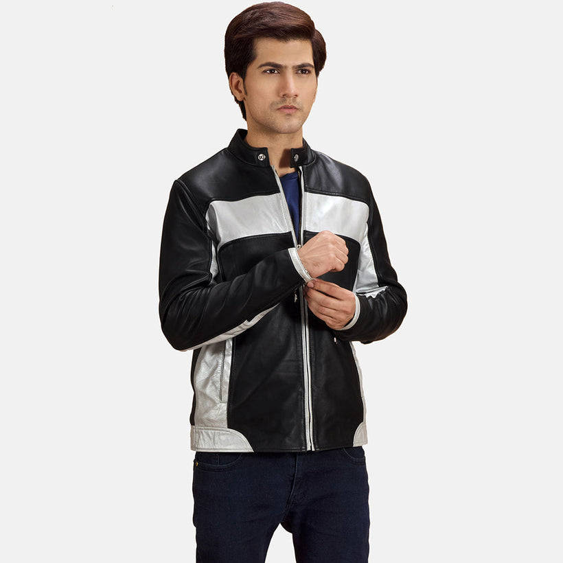 Randolf Silver أسود جاكيت بايكر جلد رجالي