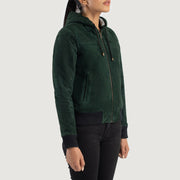 
Green Goatskin Suede Bomber Jacket - عرض خلفي يوضح تفصيل الأكتاف المتقن والحاشية النظيفة