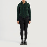 
Rebella Green Hooded Suede Bomber Jacket - عرض جانبي يوضح قَصّة الأكمام المريحة
