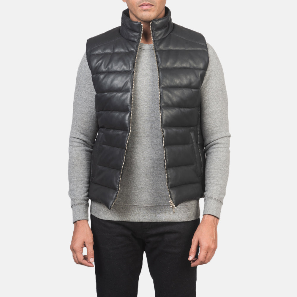 Men's Reeves أسود Leather Puffer Vest رجالي in Black Sheepskin Leather - Front Profile View &amp; Tailored Silhouette | Buy Online