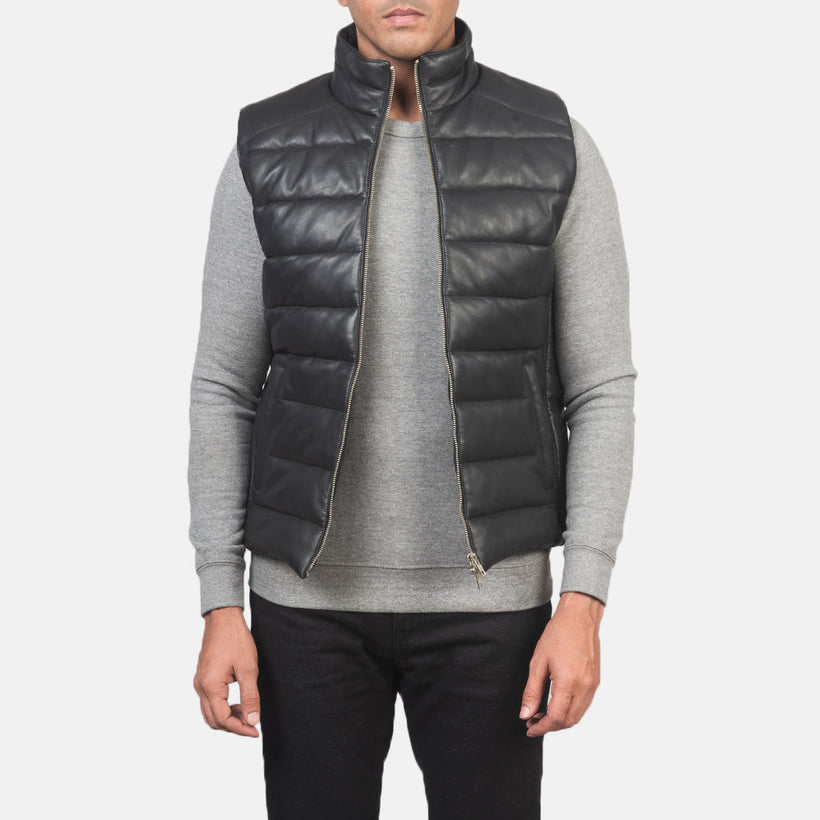 Reeves أسود Leather Puffer Vest رجالي
