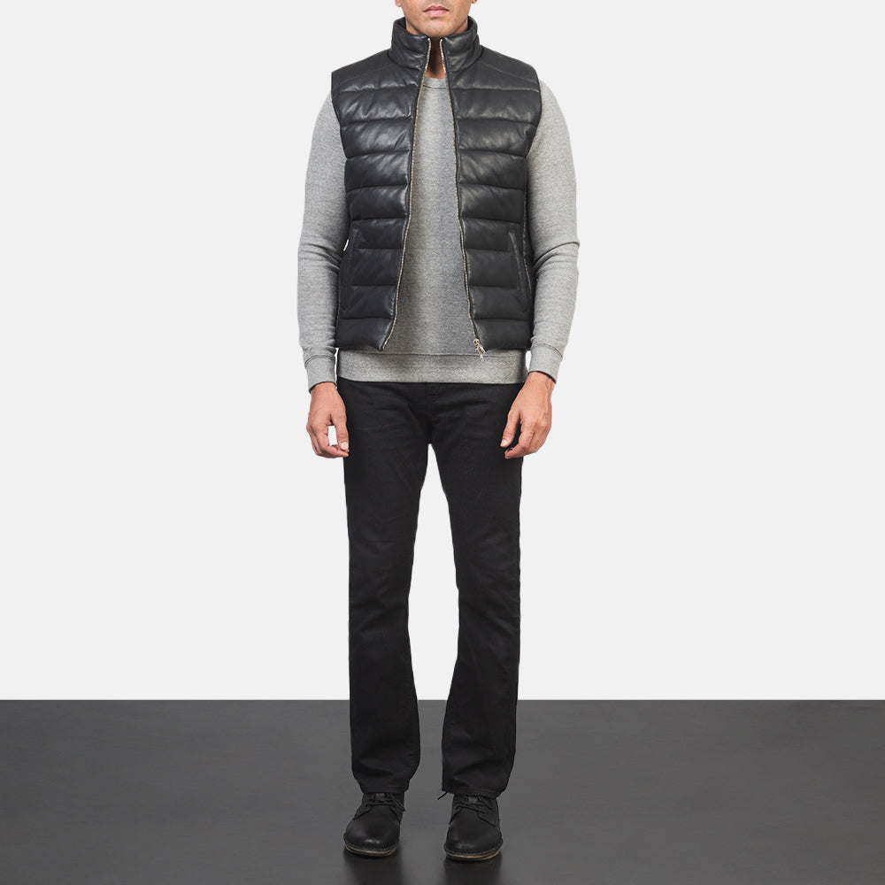 Men's Reeves أسود Leather Puffer Vest رجالي - Lateral Side Profile View Showing Sleeve Cut &amp; Athletic Taper Fit
