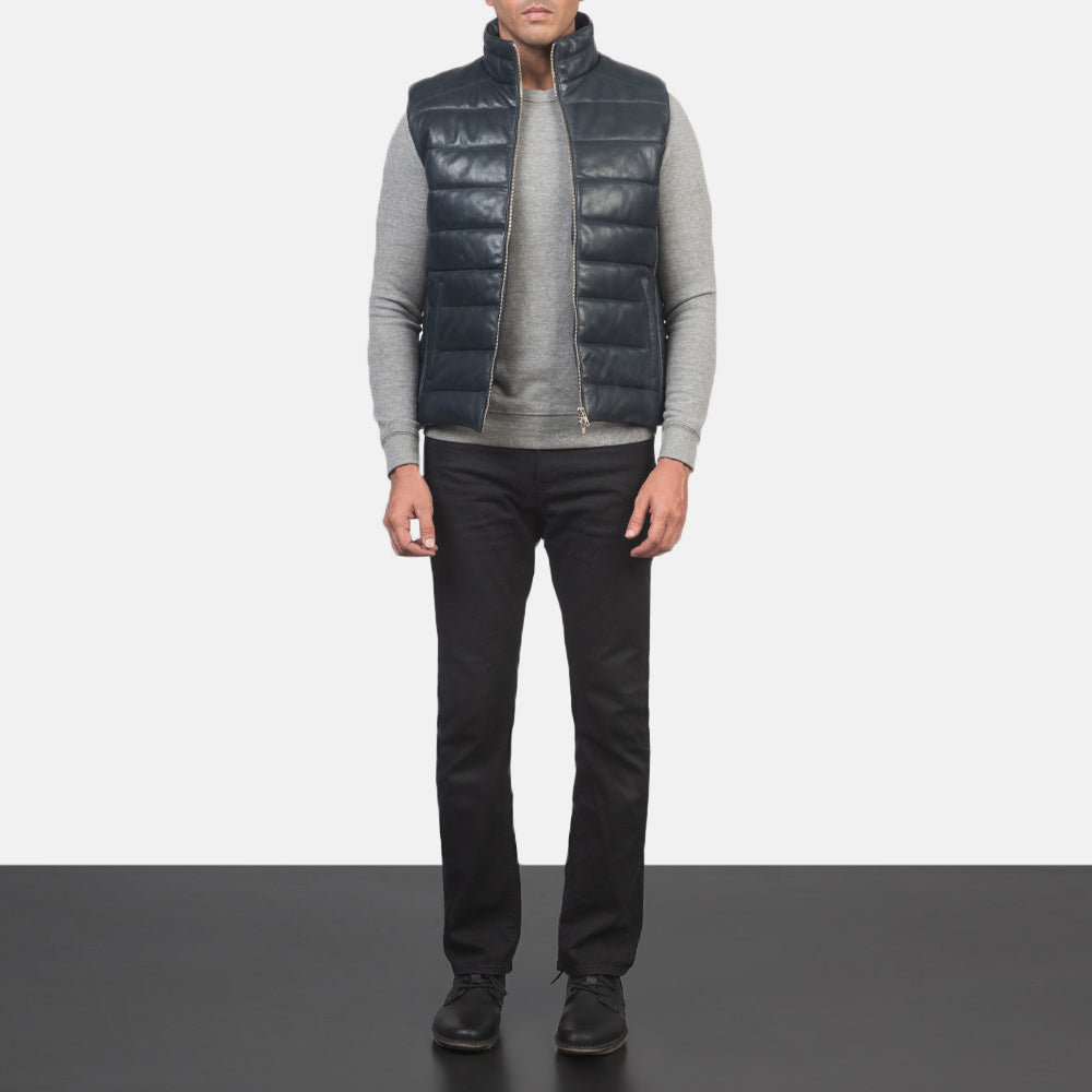 Men's Reeves أزرق Leather Puffer Vest رجالي - Lateral Side Profile View Showing Sleeve Cut &amp; Athletic Taper Fit