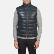 Close-Up Detail of Classic Collar &amp; Zipper with Dual Puller Hardware on Men's Reeves أزرق Leather Puffer Vest رجالي