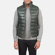 Men's Reeves أخضر Leather Puffer Vest رجالي in Green Sheepskin Leather - Front Profile View &amp; Tailored Silhouette | Buy Online
