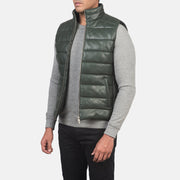 Green Sheepskin leather Vest - Back View Showing Tailored Shoulder Fit &amp; Clean Hemline
