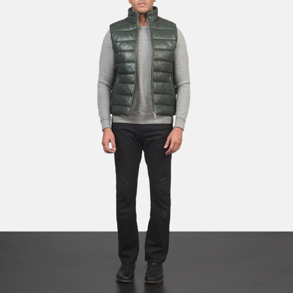 Men's Reeves أخضر Leather Puffer Vest رجالي - Lateral Side Profile View Showing Sleeve Cut &amp; Athletic Taper Fit