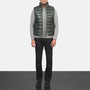 Men's Reeves أخضر Leather Puffer Vest رجالي - Lateral Side Profile View Showing Sleeve Cut &amp; Athletic Taper Fit