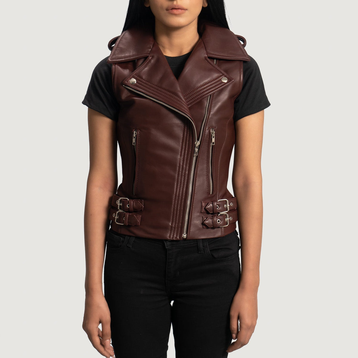 
Rhonda عنابي Leather Biker Vest نسائي in Maroon Sheepskin Leather - عرض أمامي وقَصّة مفصلة أنيقة | شراء أونلاين عبر المتجر الرسمي