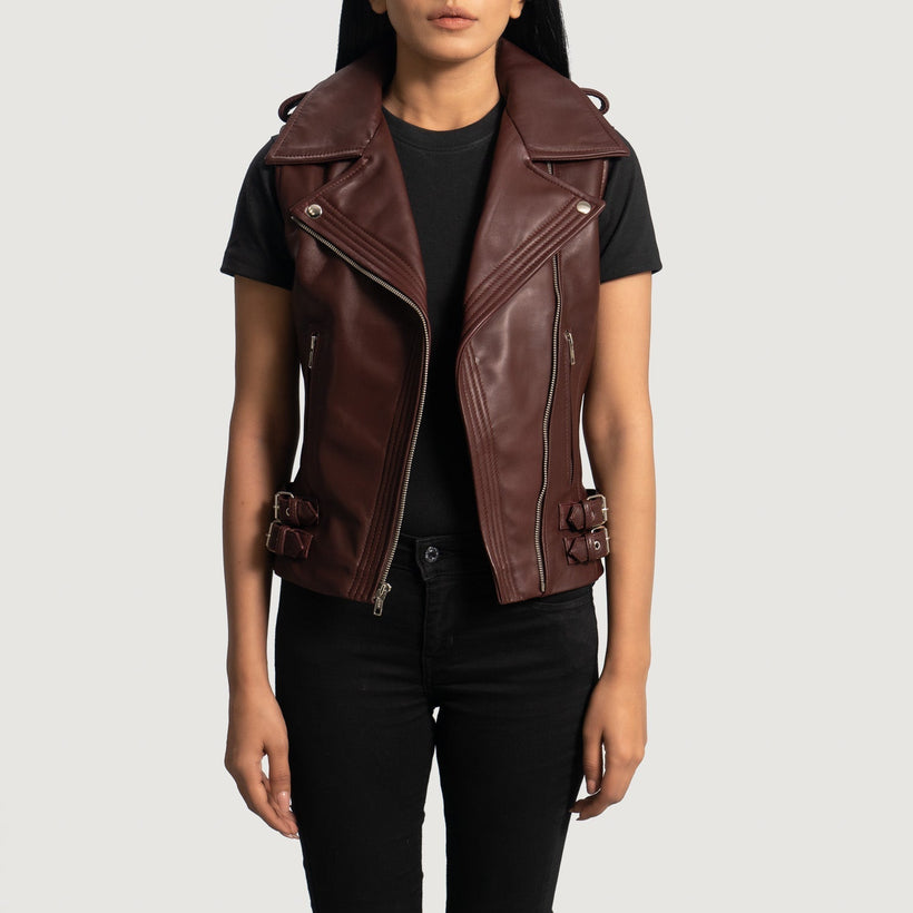 Rhonda عنابي Leather Biker Vest نسائي