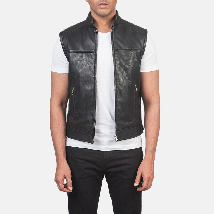 Roland أسود Leather Biker Vest رجالي