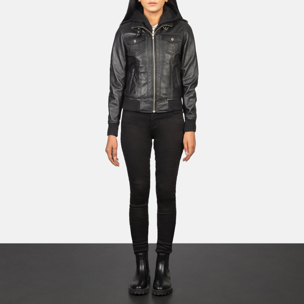 Roslyn Hooded جاكيت بومبر جلد نسائي – alternate product view 3