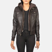 Women's Roslyn Brown Hooded Leather Bomber Jacket in Brown Sheepskin Leather - Front Profile View &amp; Tailored Silhouette | Buy Online