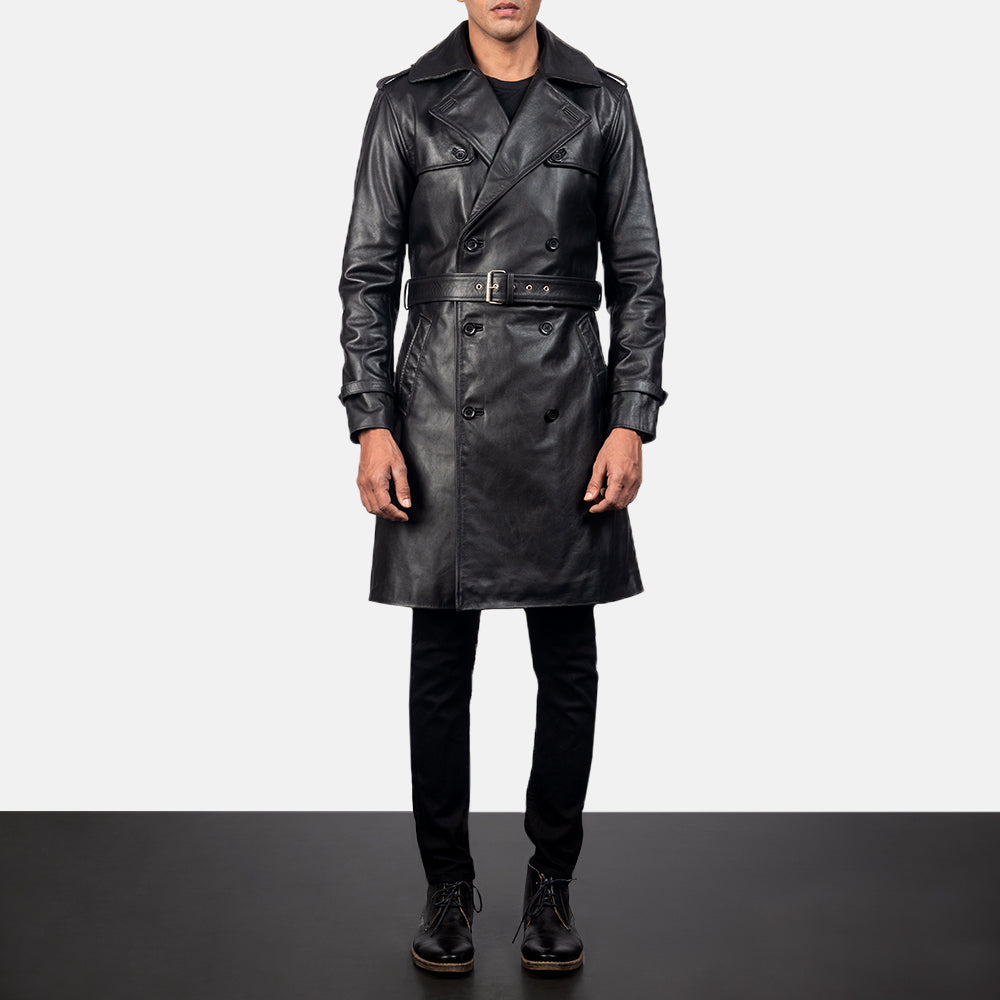 Men's Royson أسود Leather Duster معطف جلد رجالي in Black Cowhide Leather - Front Profile View &amp; Tailored Silhouette | Buy Online