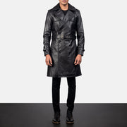 Men's Royson أسود Leather Duster معطف جلد رجالي in Black Cowhide Leather - Front Profile View &amp; Tailored Silhouette | Buy Online
