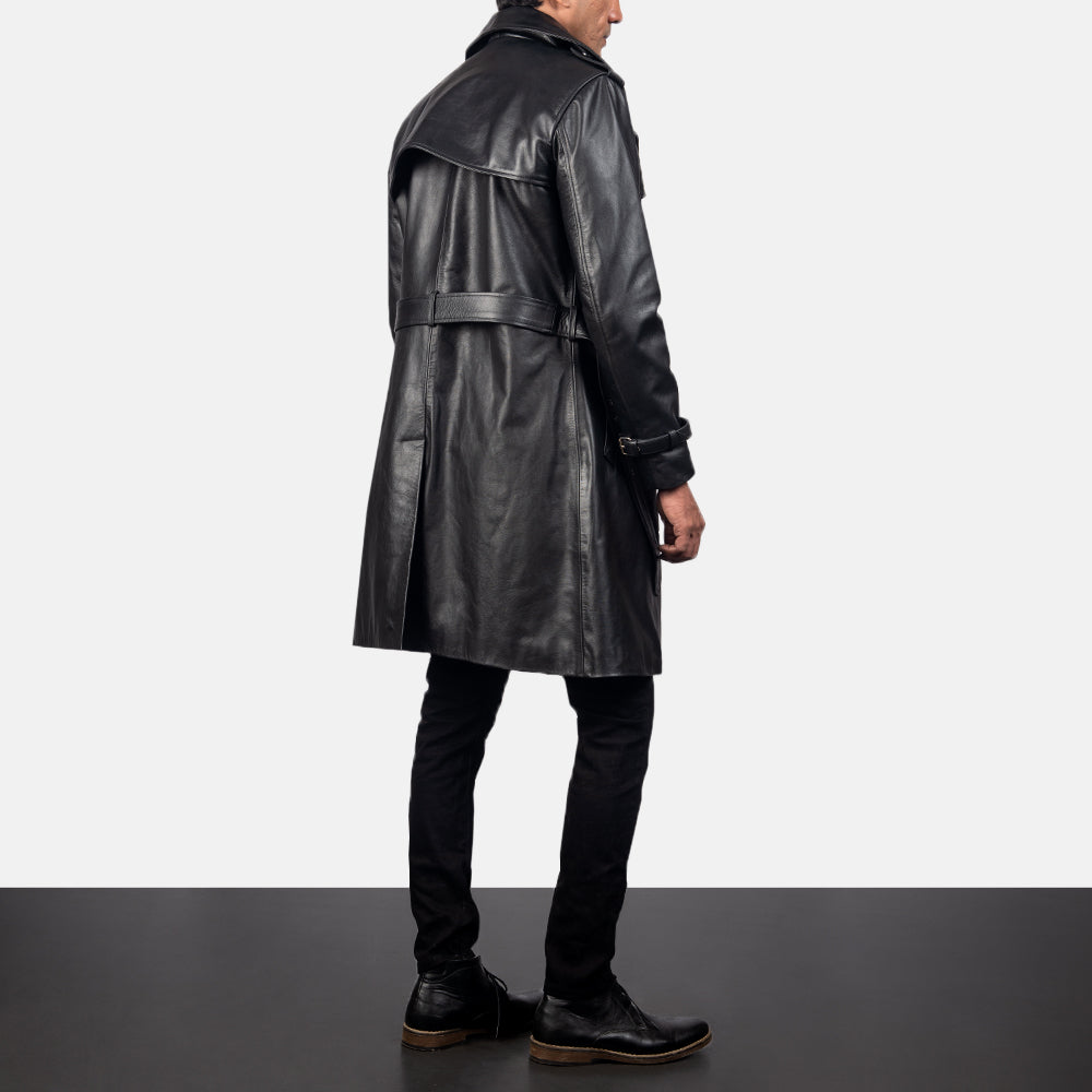 Men's Royson أسود Leather Duster معطف جلد رجالي - Lateral Side Profile View Showing Sleeve Cut &amp; Athletic Taper Fit