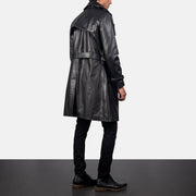 Men's Royson أسود Leather Duster معطف جلد رجالي - Lateral Side Profile View Showing Sleeve Cut &amp; Athletic Taper Fit