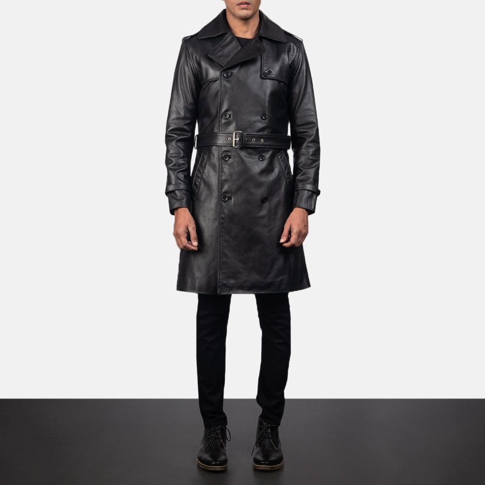 Close-Up Detail of Shirt &amp; Heavy-Duty Zipper Hardware on Men's Royson أسود Leather Duster معطف جلد رجالي